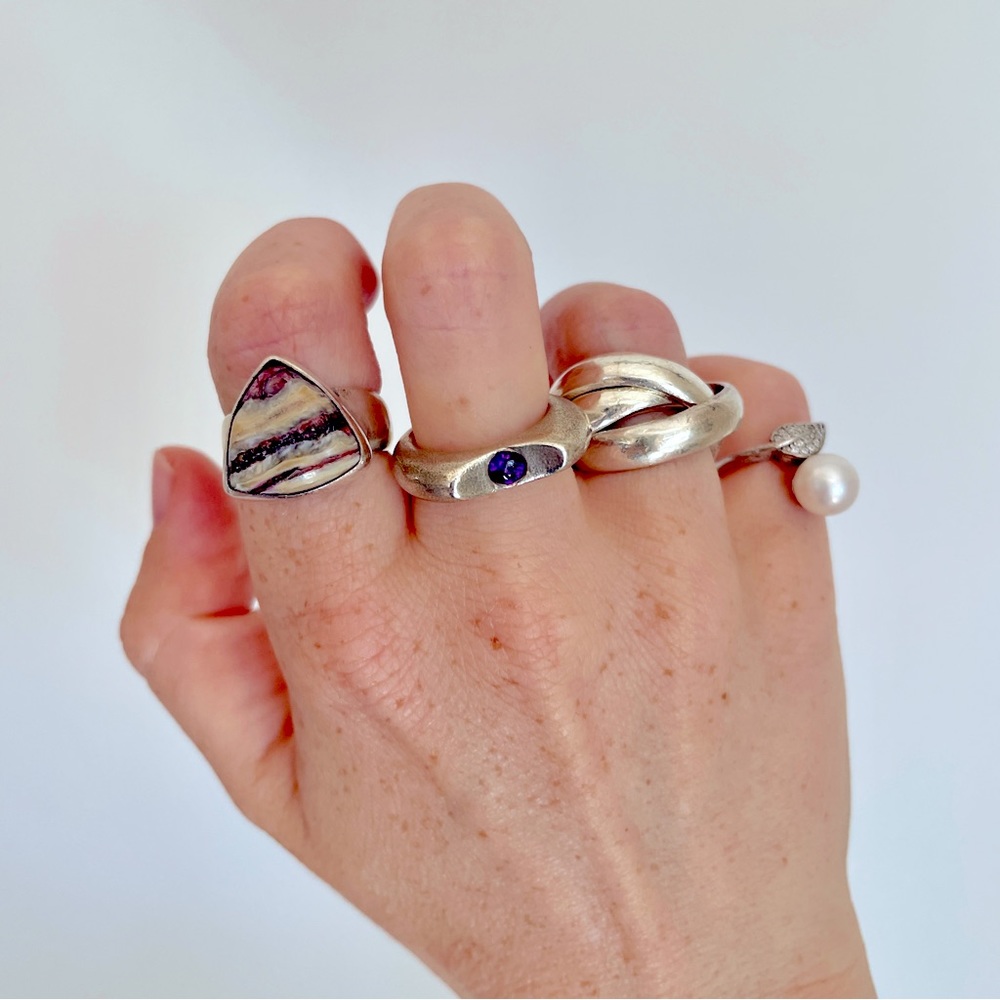 Triangular Alaskan Rainbow Jasper Ring, Set In St… - image 3